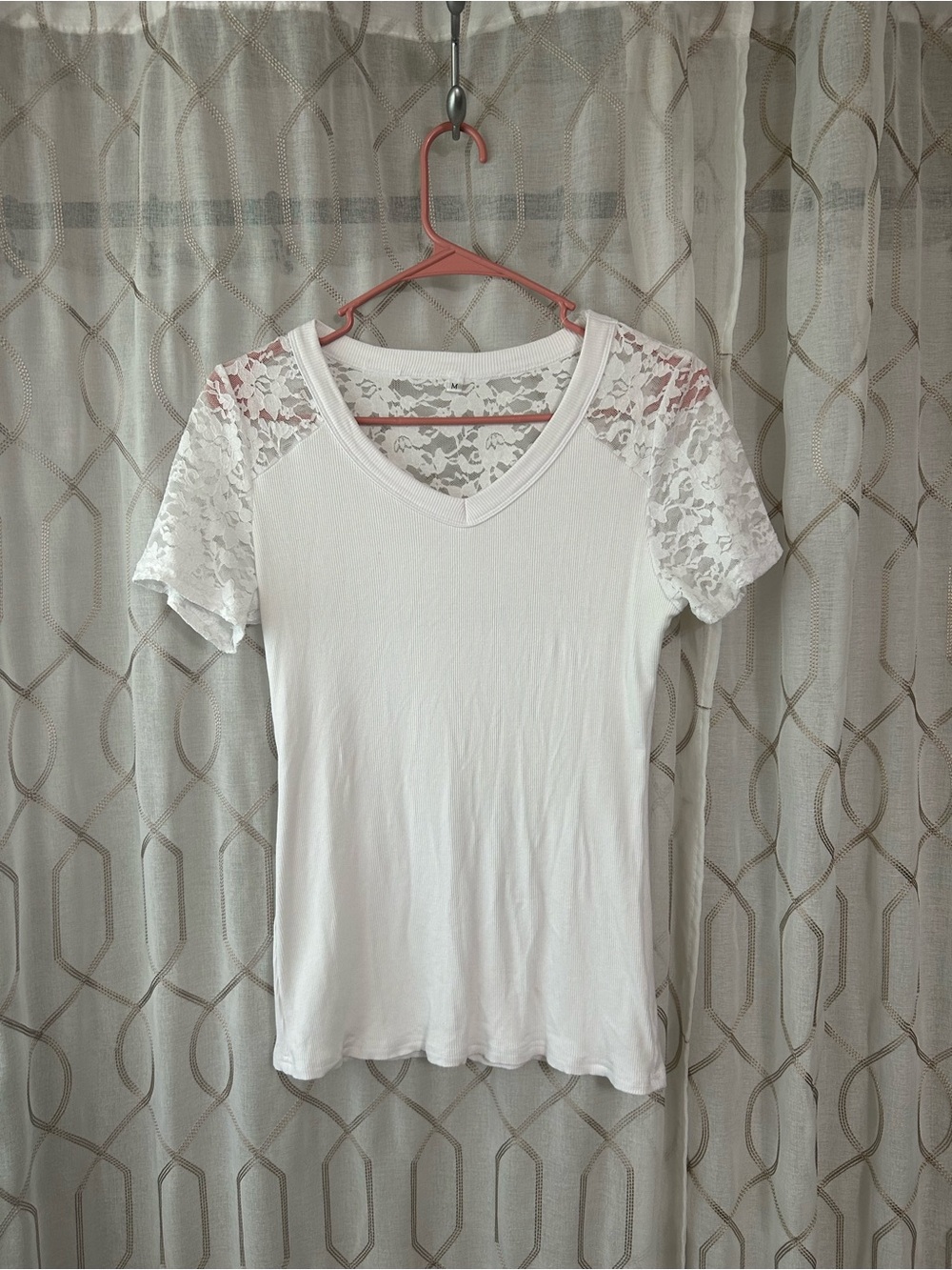 Amazon White V-Neck Tee with Lace Shoulders